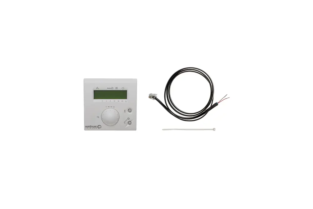 Brötje Thermostat mit digitalem Display und einem Kabelsatz, bestehend aus zwei Drähten, zur Verwendung in Heizsystemen.