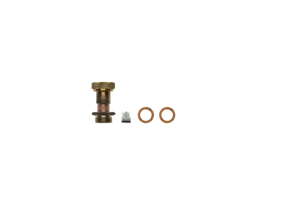 Rohr mit Rückschlagklappe, hergestellt von Brötje. Das Bild zeigt das Bauteil mit zwei Dichtungsringen und einem entsprechenden Element.