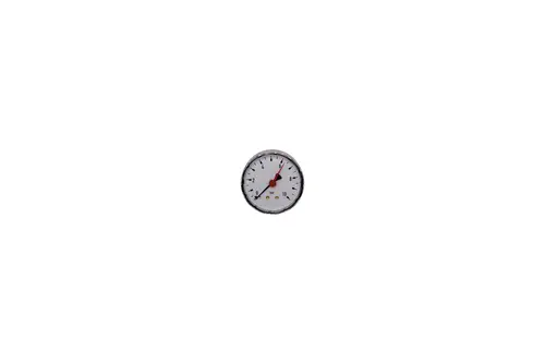 Manometer von Brötje mit einer Skala bis 10 bar, Zeiger zeigt knapp über 6 bar an. Weißes Zifferblatt mit schwarzen Markierungen und rotem Zeiger.
