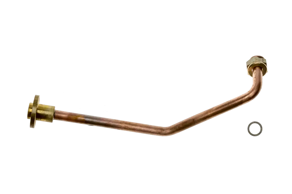 Kupferrohr mit goldfarbenem Anschluss, gebogen, für Heizungsentlüftung, neben einer Gummidichtung, Produkt von Brötje.