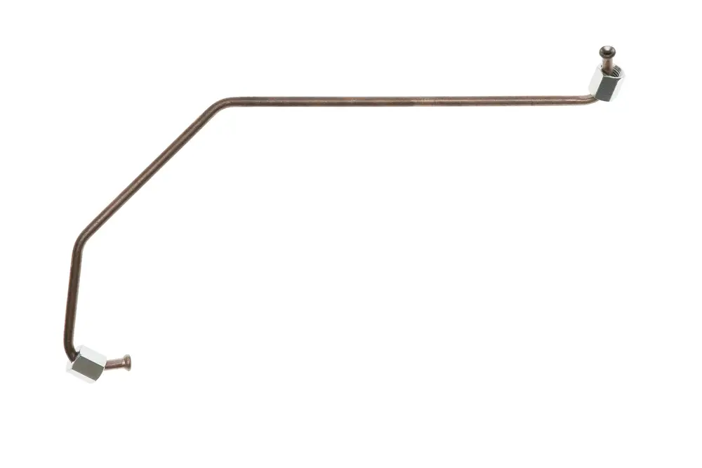 Brötje Öldruckleitung in gebogener Form mit zwei Anschlüssen, einer mit sechseckigem Gewinde und einer mit kleiner Kugel. Metallisches Finish, funktionales Design.
