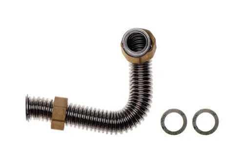 Eingebogener Metalldorn mit gewendeltem Rohr und zwei Unterlegscheiben, verwendet in Heizsystemen, möglicherweise für die Verbindung in einem Brötje-Wärmespeicher.