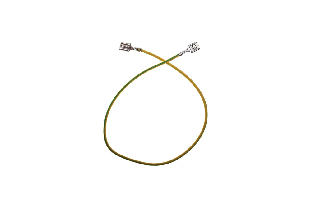 Gelbes Kabel mit zwei Metallanschlüssen, möglicherweise für die Verbindung oder Abdichtung. Produkt könnte mit Brötje-Geräten verwendet werden.