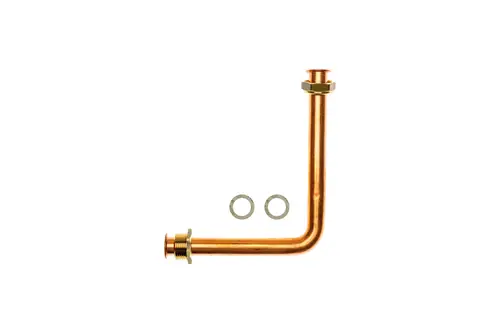 Brötje Vorlaufrohr mit gebogenem Arm und zwei Dichtungen, gefertigt aus Kupfer, mit Gewindeanschlüssen für Pumpeninstallation.