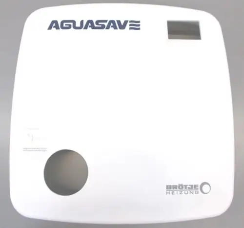 Weißes, quadratisches Gehäuse mit Logo "AGUASAVE" und "Brötje Heizung" für Heizsysteme. In der oberen rechten Ecke befindet sich ein kleines, rechteckiges Display.