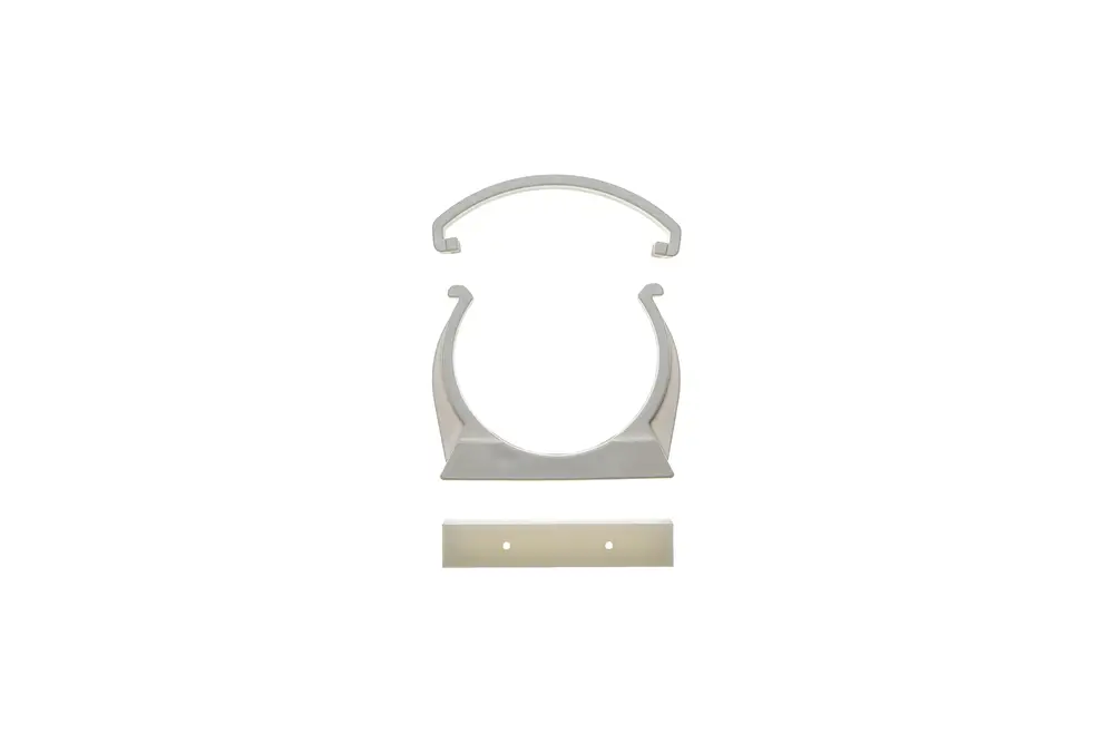Brötje Halter NEOP komplett, bestehend aus mehreren Kunststoffteilen in neutralem Farbton. Teile sind für die montierte Befestigung vorgesehen.