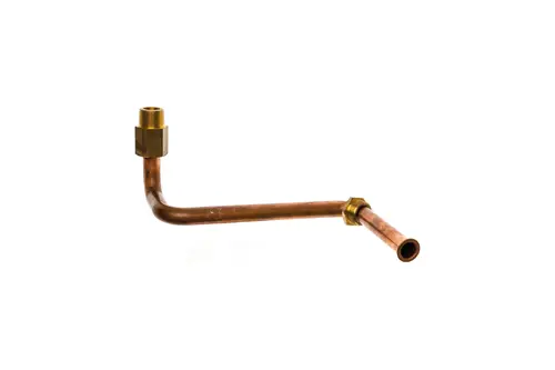Kupferrohr mit einer gebogenen Form und einem Gewinde aus Messing, typisches Bauteil von Brötje für Verbindungssysteme im Sanitärbereich.