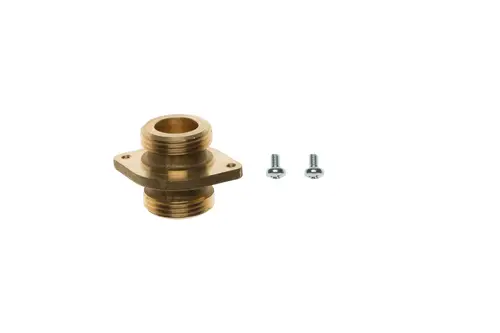 Brass Vor-Rücklaufstück von Brötje mit zwei schraubbaren Anschlüssen, ausgestattet mit zwei metallischen Schrauben.