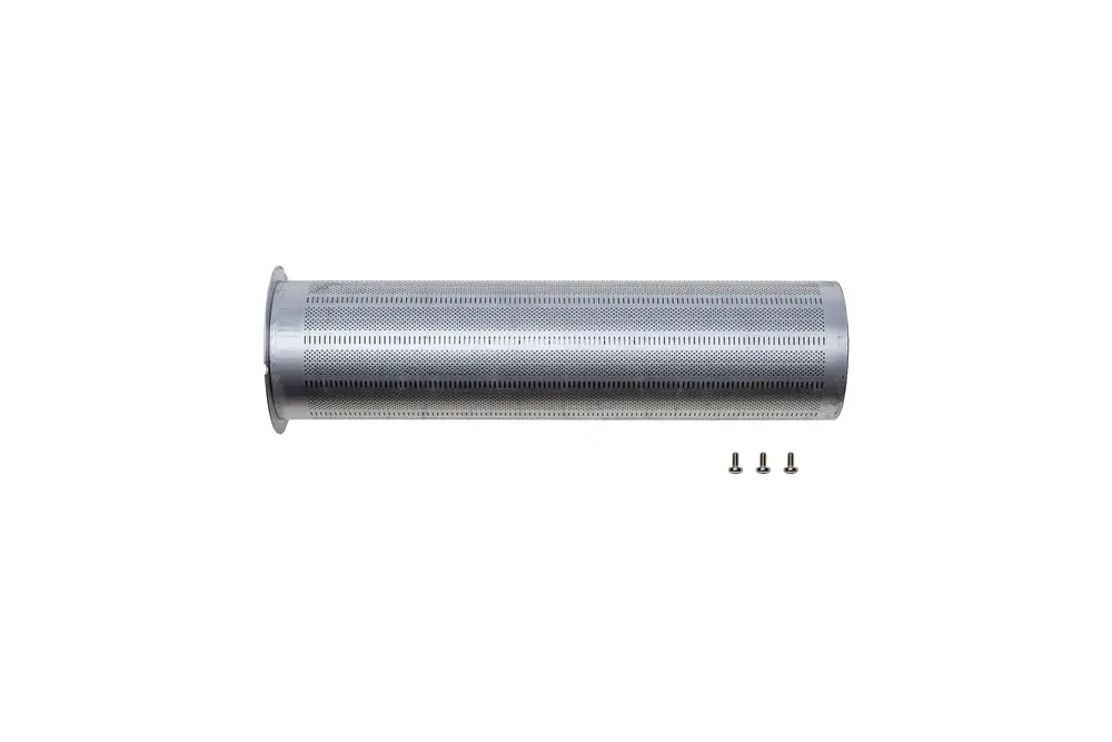 Rohrelement aus Metall mit runder Form und perforierter Oberfläche, passend für Heizsysteme von Brötje. Daneben drei kleine Schrauben.