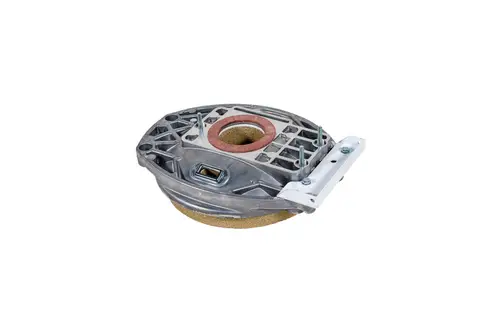 Brötje Brennraumtür in runder Form, mit metallischem Gehäuse und einer Montageplatte auf einer Seite. Der innere Bereich ist mit einer Trennschicht ausgestattet.