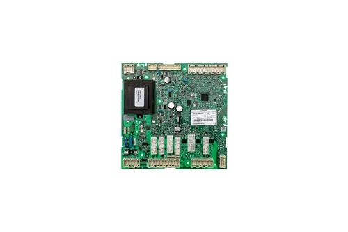 Grüne Steuerplatine von Brötje mit einem großen Mikrochip in der Mitte und mehreren Anschlussleisten sowie verschiedenen elektronischen Komponenten für die zentrale Steuerung.