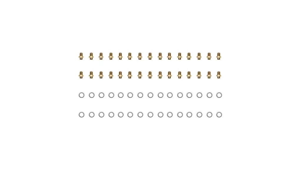 Brötje Zubehör mit mehreren Reihen von goldenen und silbernen Bauteilen, angeordnet in einer übersichtlichen Anordnung auf hellem Hintergrund.