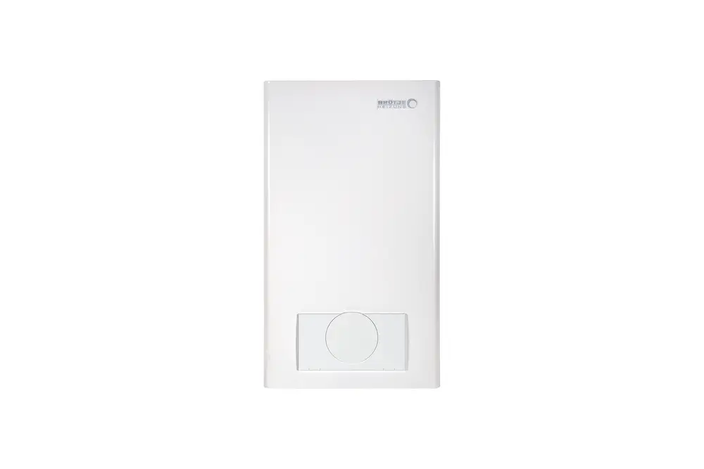 Weißes Flachgehäuse von Brötje mit einer schlichten Vorderseite und einem runden Bedienelement an der unteren Kante.