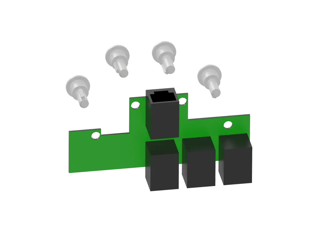 Grüne Leiterplatte mit mehreren schwarzen Steckplätzen und weißen Einsätzen. Teile für einen Brötje PCB-Bus-Patcher sind abgebildet.