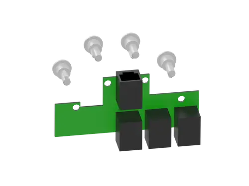 Grüne Leiterplatte mit mehreren schwarzen Steckplätzen und weißen Einsätzen. Teile für einen Brötje PCB-Bus-Patcher sind abgebildet.
