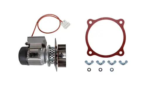 Brötje-Komponente bestehend aus einem Motor mit Anschlusskabel, einem Gummidichtungsring sowie mehreren Metallhaltern und Unterlegscheiben für die Montage.