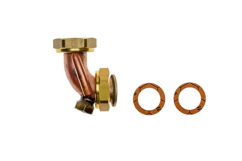 Brötje Umwälzpumpenrohr mit zwei O-Ringen. Das Rohr hat eine gebogene Form und ist mit zwei Messingmuffen ausgestattet. Es dient der Verbindung in Heizungsanlagen.