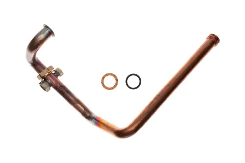 Kupferrohr mit gebogener Form, einer Muffe mit Schrauben und zwei Dichtungen. Produkt von Brötje zur Verwendung in Heizsystemen.