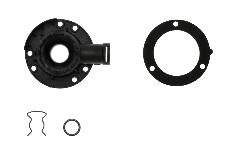 Brötje Mischadapter, bestehend aus einem Hauptteil mit Anschlussöffnung, einer Dichtung und zwei Befestigungselementen. Ideal für den Einsatz in Heizsystemen.