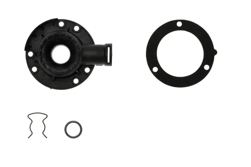 Brötje Mischadapter, bestehend aus einem Hauptteil mit Anschlussöffnung, einer Dichtung und zwei Befestigungselementen. Ideal für den Einsatz in Heizsystemen.