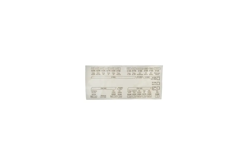 Brötje Aufkleber mit verschiedenen technischen Bezeichnungen und Anschlussdaten, beige Hintergrund mit schwarzer Schrift, zur Kennzeichnung von Funktionen oder Komponenten.