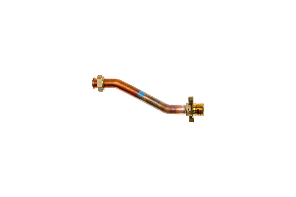Vorlaufanschlussrohr aus Kupfer mit Metallgewinden, gefertigt von Brötje. Das Rohr hat eine gebogene Form und ist für Anschlussanwendungen konzipiert.