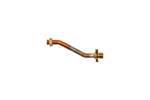 Vorlaufanschlussrohr aus Kupfer mit Metallgewinden, gefertigt von Brötje. Das Rohr hat eine gebogene Form und ist für Anschlussanwendungen konzipiert.