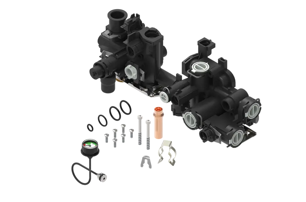 Brötje Hydraulikblock-Set, bestehend aus zwei identischen Hydraulikeinheiten, verschiedenen Dichtungen, Schrauben und Zubehörteilen für die Montage.