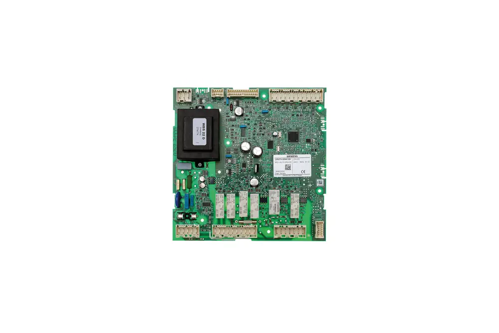 Grüne Steuerplatine von Brötje mit mehreren Anschlüssen, Mikrochip und Komponenten zur Signalverarbeitung. Sichtbare Bauteile umfassen Kondensatoren und Relais.