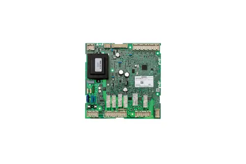 Grüne Steuerplatine von Brötje mit mehreren Anschlüssen, Mikrochip und Komponenten zur Signalverarbeitung. Sichtbare Bauteile umfassen Kondensatoren und Relais.