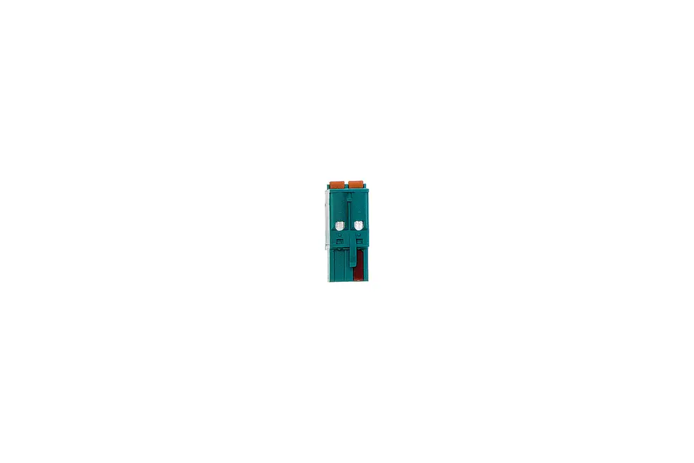 Stecker von Brötje in grün-blauer Farbe mit orangefarbenen Elementen. Zwei Anschlüsse sind sichtbar, der Stecker hat eine kompakte Form und eignet sich für verschiedene elektrische Anwendungen.