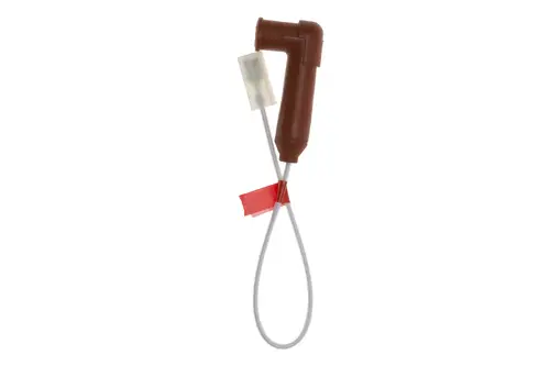 Brötje Ionisatioselektrode mit braunem Griff und transparentem Stecker, verbunden durch einen flexiblen Draht, gekennzeichnet mit rotem und weißem Tape.