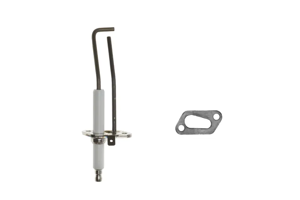 Brötje Zündelektrode mit zwei langen Drähten und einer runden Anschlussbasis neben einer metallischen Halterung mit Aussparungen.