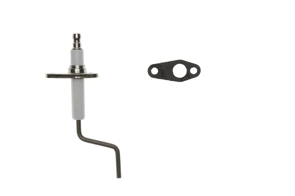 Brötje Ionisatioselektrode in grauem Kunststoff mit metallischen Bauteilen und einer gebogenen Metallstange, daneben eine Dichtungsplatte in schwarz.