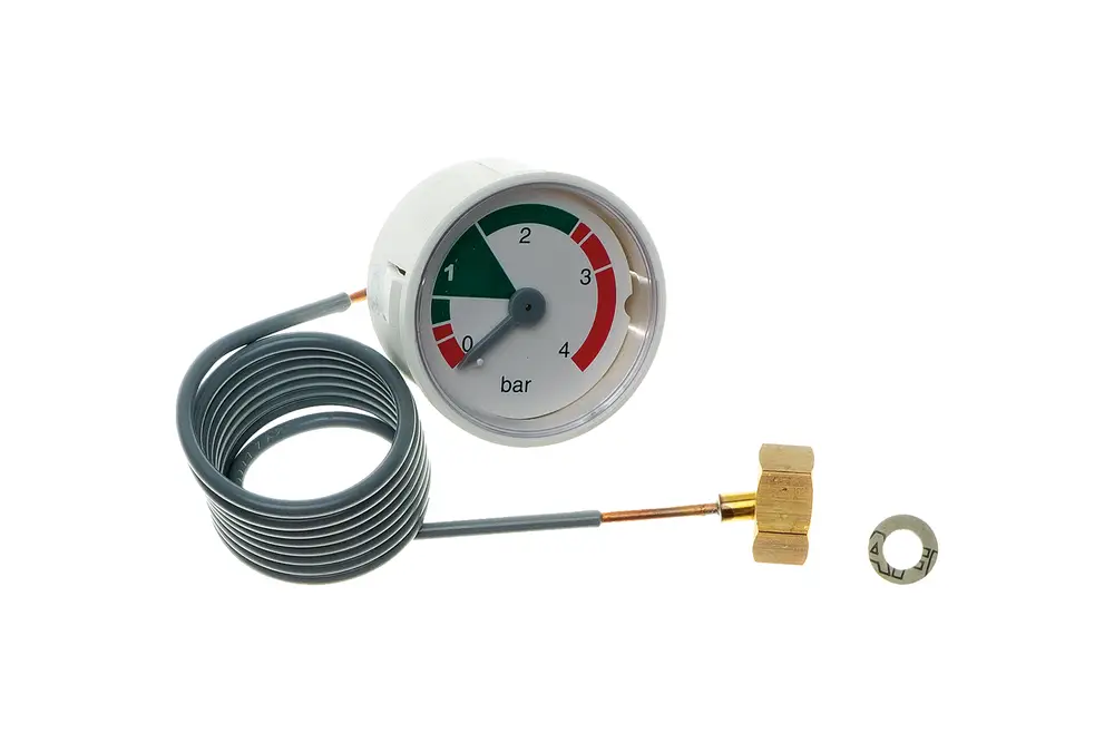 Brötje-Manometer mit analoger Druckanzeige in bar, einem gewickelten Rohr und einem Messinganschluss. включат два пружинных винта.