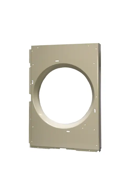 Vorderabdeckung in neutraler Farbe, passend für Brötje-Geräte. Die Abdeckung hat eine ovale Öffnung und mehrere Befestigungslöcher für die Montage.