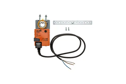 Brötje Luftstellmotor mit Kabel und Montagehalterung. Das Gerät zeigt eine orangefarbene Front und verfügt über Anschlussklemmen für die elektrische Verbindung.