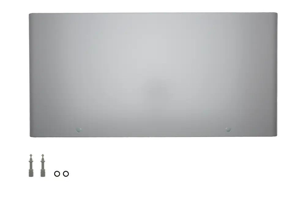 Brötje Blende in grauem Design mit zwei Befestigungslöchern und Montageset, bestehend aus zwei Dübel und zwei Unterlegscheiben, auf weißem Hintergrund.