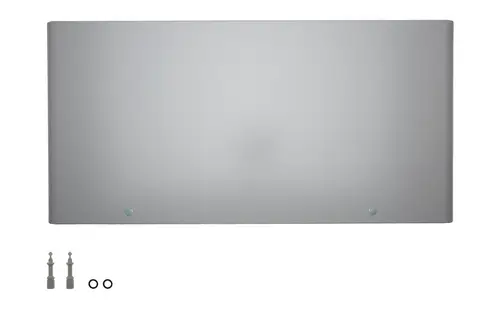 Brötje Blende in grauem Design mit zwei Befestigungslöchern und Montageset, bestehend aus zwei Dübel und zwei Unterlegscheiben, auf weißem Hintergrund.