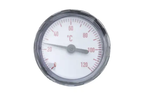 Rundes Thermometer mit einer Skala von 0 bis 120 °C, designed von Brötje, mit rot markierten Temperaturwerten und einer zentralen Zeigeranzeige.