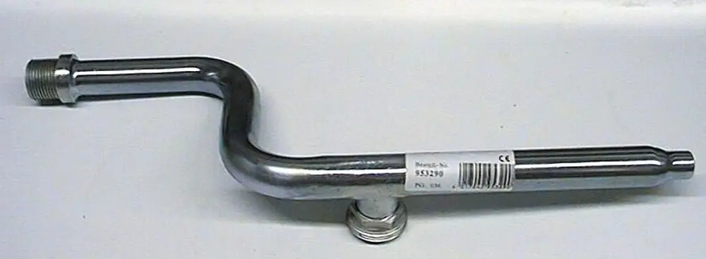 Edelstahl Rohr mit einem gebogenen Arm, ein Gewindeanschluss auf der linken Seite und eine gerade Ausführung auf der rechten Seite. Produkt von Brötje.