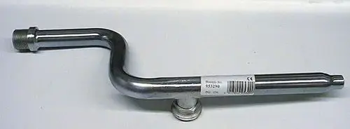 Edelstahl Rohr mit einem gebogenen Arm, ein Gewindeanschluss auf der linken Seite und eine gerade Ausführung auf der rechten Seite. Produkt von Brötje.