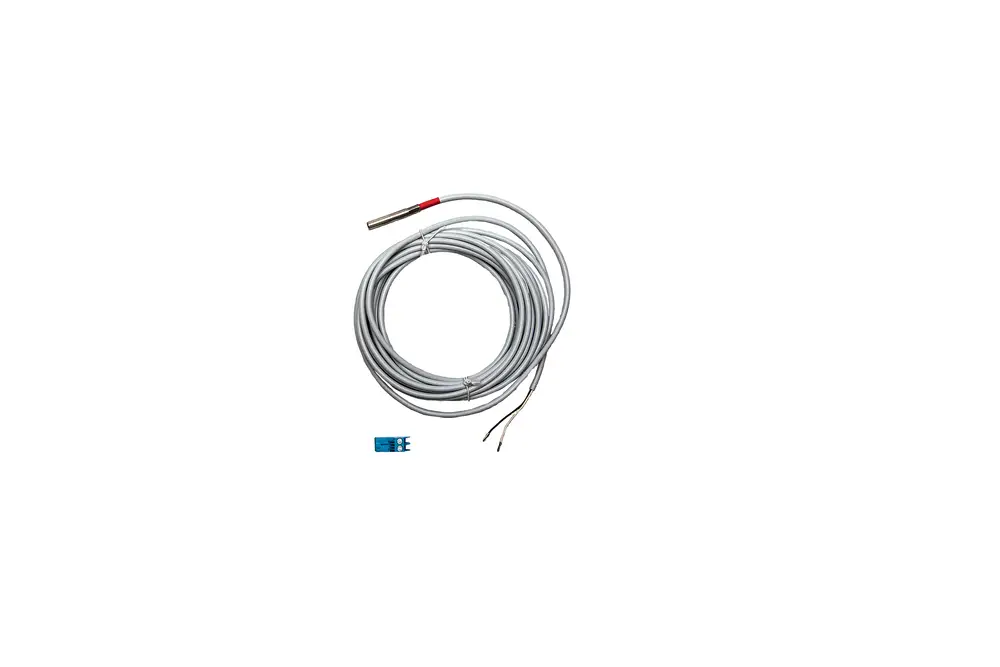 Ein graues Kabel mit einem Temperaturfühler an einem Ende und zwei freiliegenden Drähten. Brötje wird ersichtlich durch das Design des Fühlers.