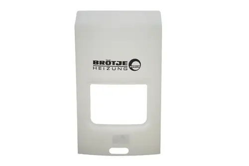 Weiße Abdeckblende von Brötje mit Aussparung in der Mitte und Logo. Die Blende dient der Gestaltung einer Heizungsregelung.