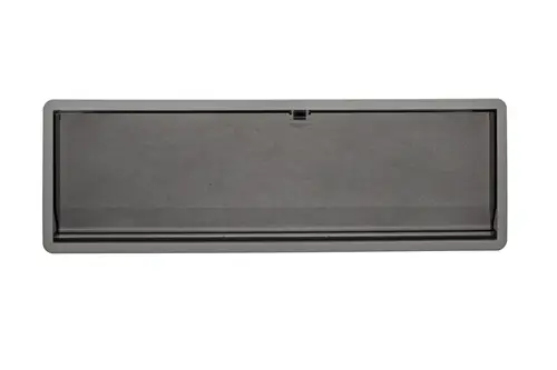 Regelungsklappe von Brötje in schmaler, rechteckiger Form. Oberfläche grau mit transparentem Sichtfenster. Ideal für den Einsatz in Heizungsanlagen.