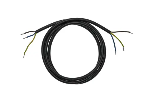 Schwarzes Kabel mit drei Adern in den Farben Braun, Blau und Grün, geeignet für elektrische Anwendungen, als Netzleitung von Brötje.