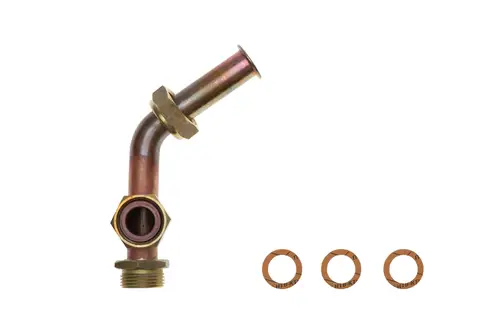 Brötje Rohr für Warmwasser mit einer gebogenen Form und drei dazugehörigen Dichtungen, erkennbar durch die Gewinde und materielle Beschaffenheit.