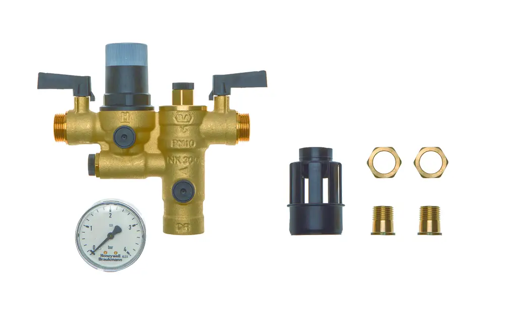 Brötje Produkt bestehend aus einer Nachfüllkombination mit Manometer, zwei Absperrhähnen, einem Zylinder und zwei Verbindungsteilen, alles in Gold und Schwarz.