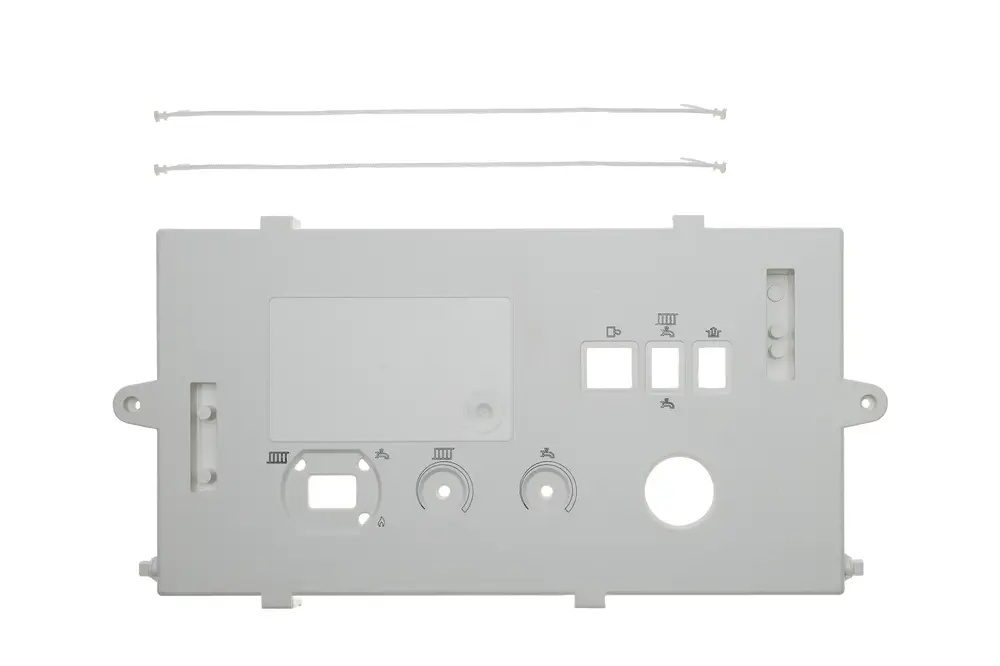 Weißes Montagepanel mit verschiedenen Bedienelementen und Aussparungen. Enthält zwei Kabelbinder. Produkt von Brötje.