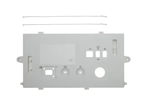 Weißes Montagepanel mit verschiedenen Bedienelementen und Aussparungen. Enthält zwei Kabelbinder. Produkt von Brötje.
